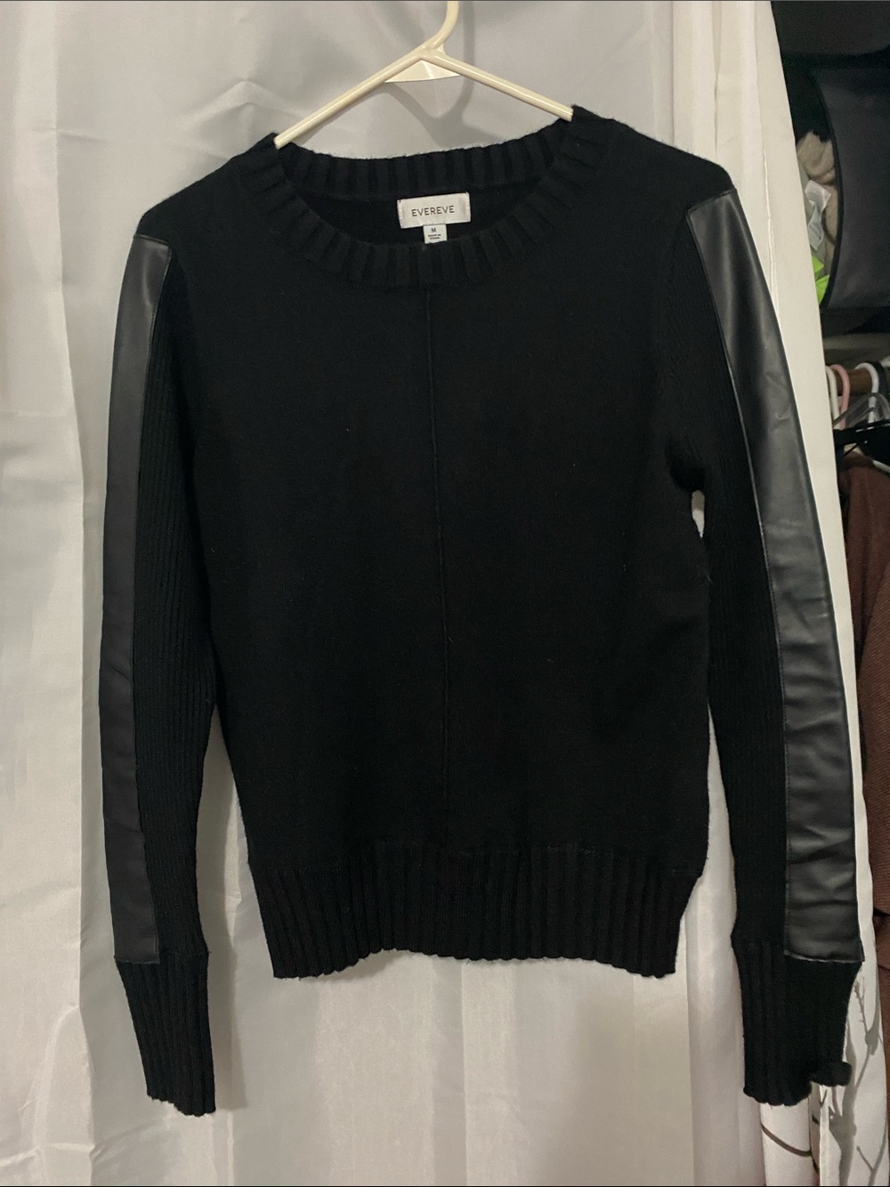 Evereve Black Crewneck Sweater with Faux-Leather Sleeve Panels